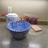 Enamel coffee pot & bowl, glass platter