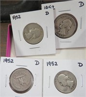 4 1952 D Washington Silver Quarters