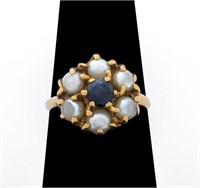 14K Yellow Gold Sapphire Pearl Ring