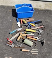 Blue tote lot of garden tools.