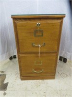 OAK TWO DRAWER FILE CABINET WITH GLASS TOP AND