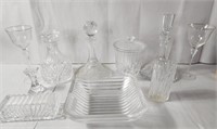 Vintage crystal decanters, butter dish, wine glass