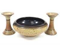 Stoneware Studio Pottery Candle Holders & Bowl