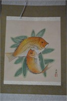 Oriental scroll - 2 fish - painted on silk,