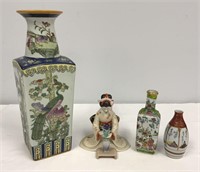 Japanese Peacock Vase, Three Figurines