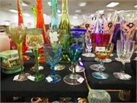 10 wine and liqueur goblets, mostly colored from