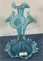 Blue opalescent fluted Victorian epergne
