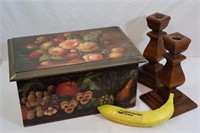 Pr. Wooden Candlesticks & Enameled Treasure Box