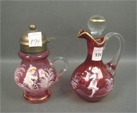 Two Cranberry Mary Gregory Decorated Items