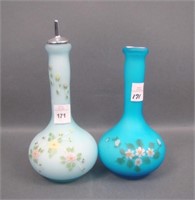2 LG Wright Satin Floral Decorated Barber Bottles