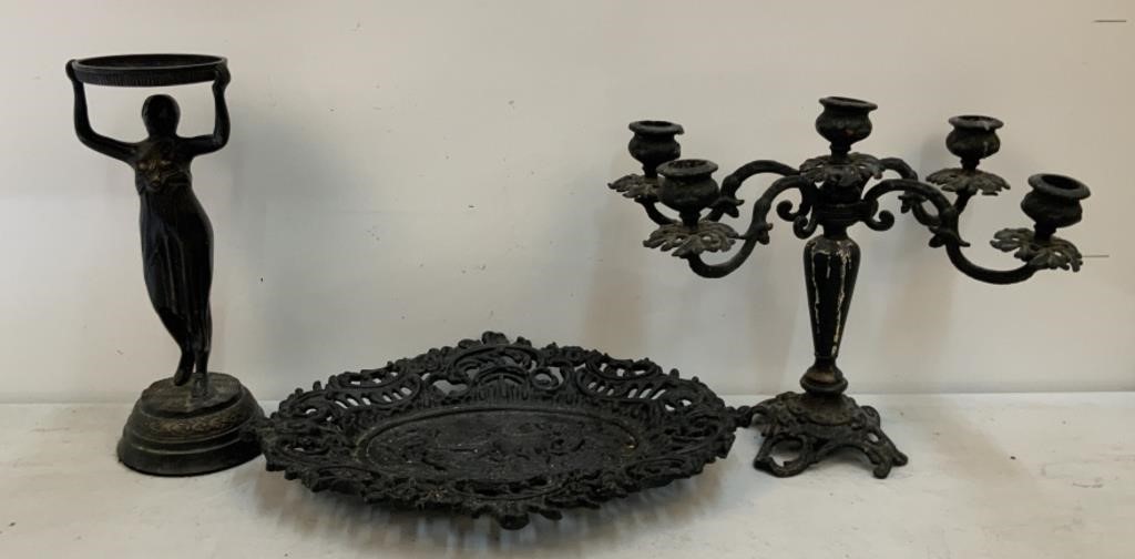 Black Metal Candelabra, Figurine, Shallow Dish