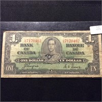 1937 CANADA $1 NOTE VG-F