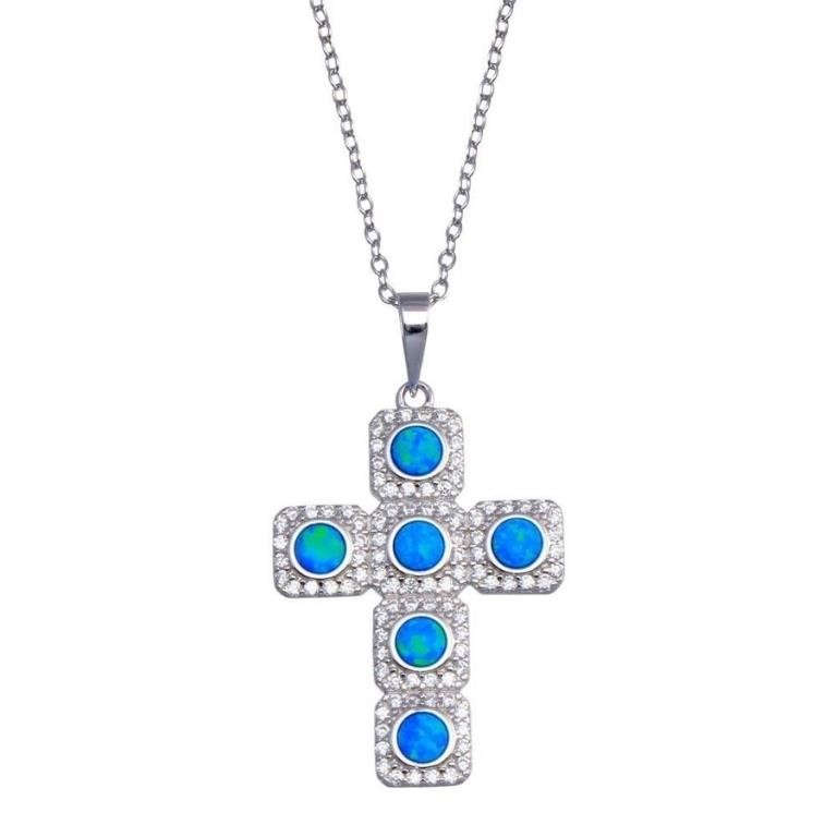 Sterling Silver Blue Crystal Cross Necklace