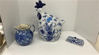 Czech blue ceramic rooster 14.5’’, spongeware