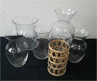 11 inch glass vase and five 8 in glass vases