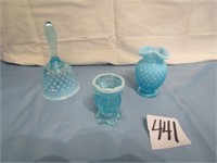 3 BLUE OPALESCENT HOBNAIL -BELL,TOOTH PICK HOLDER