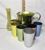 Vintage Aluminum Pitcher, Drinking Cups & Bud Vase