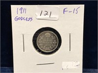 1911  Can Silver Five Cent Piece  F15 Godless