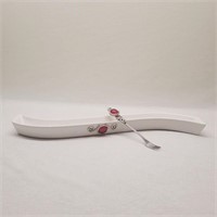 Ceramic Olive Boat Serving Dish & Appetizer Fork