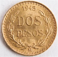 Coin 1945 Mexico Dos Peso Gold Coin BU