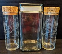 Square Glass Cannisters 9.5" and Etched Glass