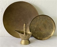 Floral Brass Bowl, Trinket Dish Plate & Ash