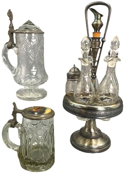 Plated Cruet Set, Carved Crystal, Horse Steins