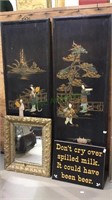 Two Chinese stone inlaid wood plaques, mirror & a