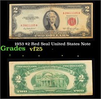 1953 $2 Red Seal United States Note Grades vf+