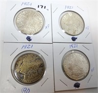 4 - 1921 Morgan silver dollars, 3 glued??