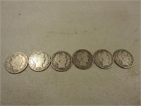 (6) 1908 Barber Silver Half Dollars G