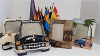 4 CAR THEMED PHOTO FRAMES + ASSORTED SMALL FLAGS