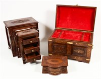 BRASS INLAID JEWELRY BOX, CHEST, & NESTING TABLES