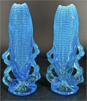 Antique Dugan Blue Opal Corn Cob Vases (2) Uv