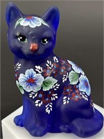 OOAK Fenton Hp Sitting Cat By Ann Fenton- Cobalt