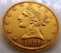 1881-S $5 Liberty Head Half Eagle Gold Coin