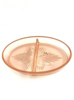 Large pink glass oval divided dish