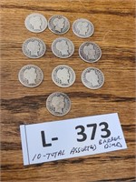 10 silver Barber Dimes assorted dates