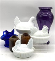Purple Glass Vase 10.75”, Nested Hens (blue with