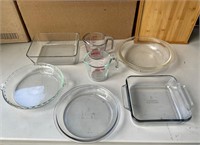 Lot of clear, glass, bakeware and measuring cups