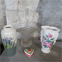 Cut Glass Basket, Vases & Ceramic Heart