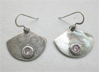 Fan Shaped Sterling Silver & Pink Stone Earrings