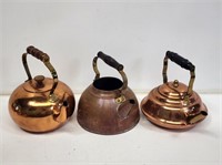 3 Copper Teapots with Wooden Handles