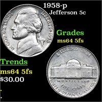 1958-p Jefferson Nickel 5c Grades Choice Unc 5fs