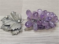 Amethyst Stone Grape Cluster with Leaves