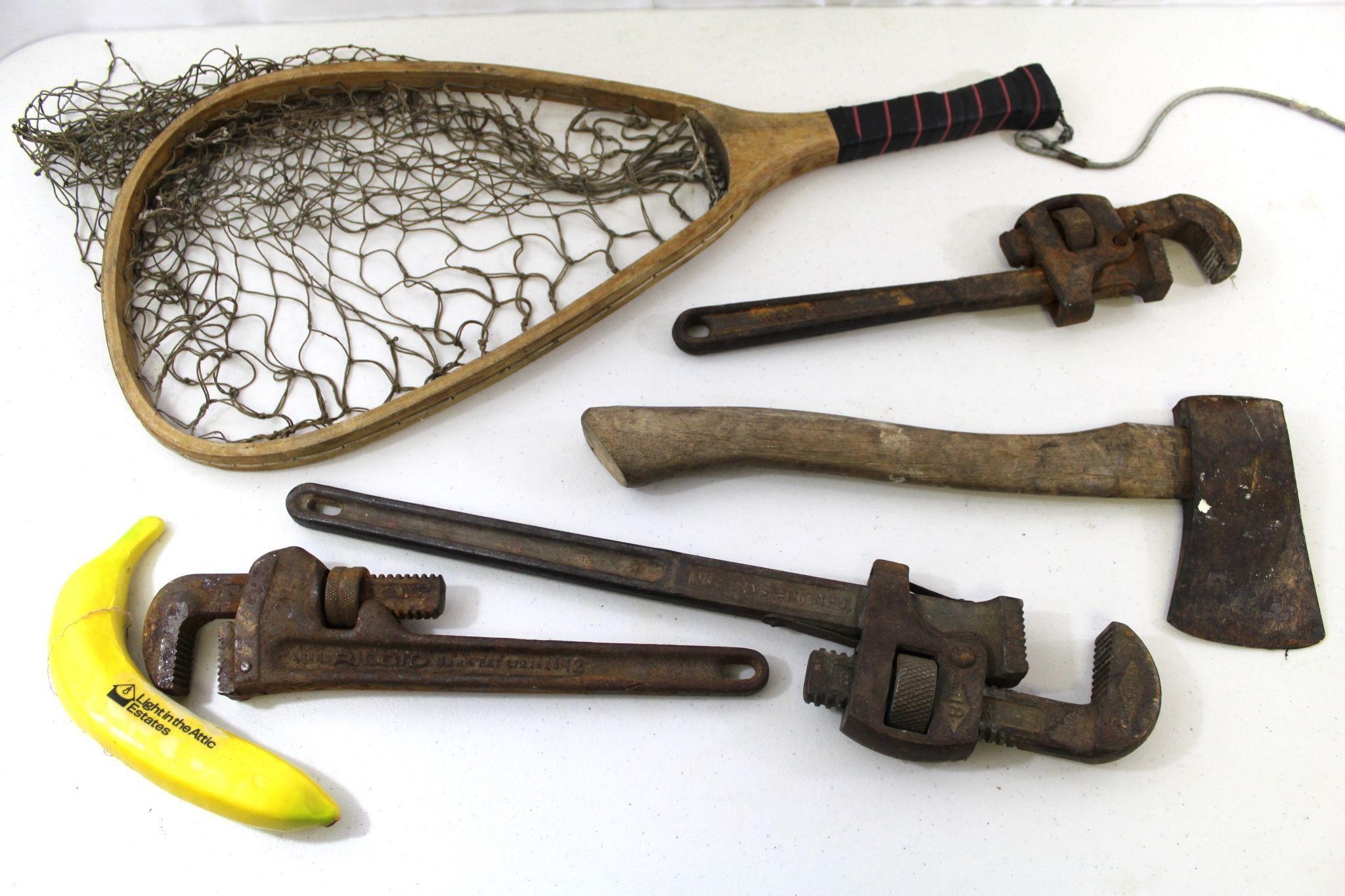 RIGID, Stillson+ Pipe Wrenches, Hatchet & Fish Net