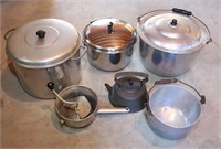 6 Pieces of cookware: Aluminum canner & large pot;