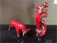 Red Ceramic Bull Fighter and Bull, 12.5"h