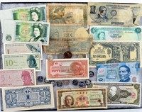Collection of Foreign Paper Currency & Some Coins