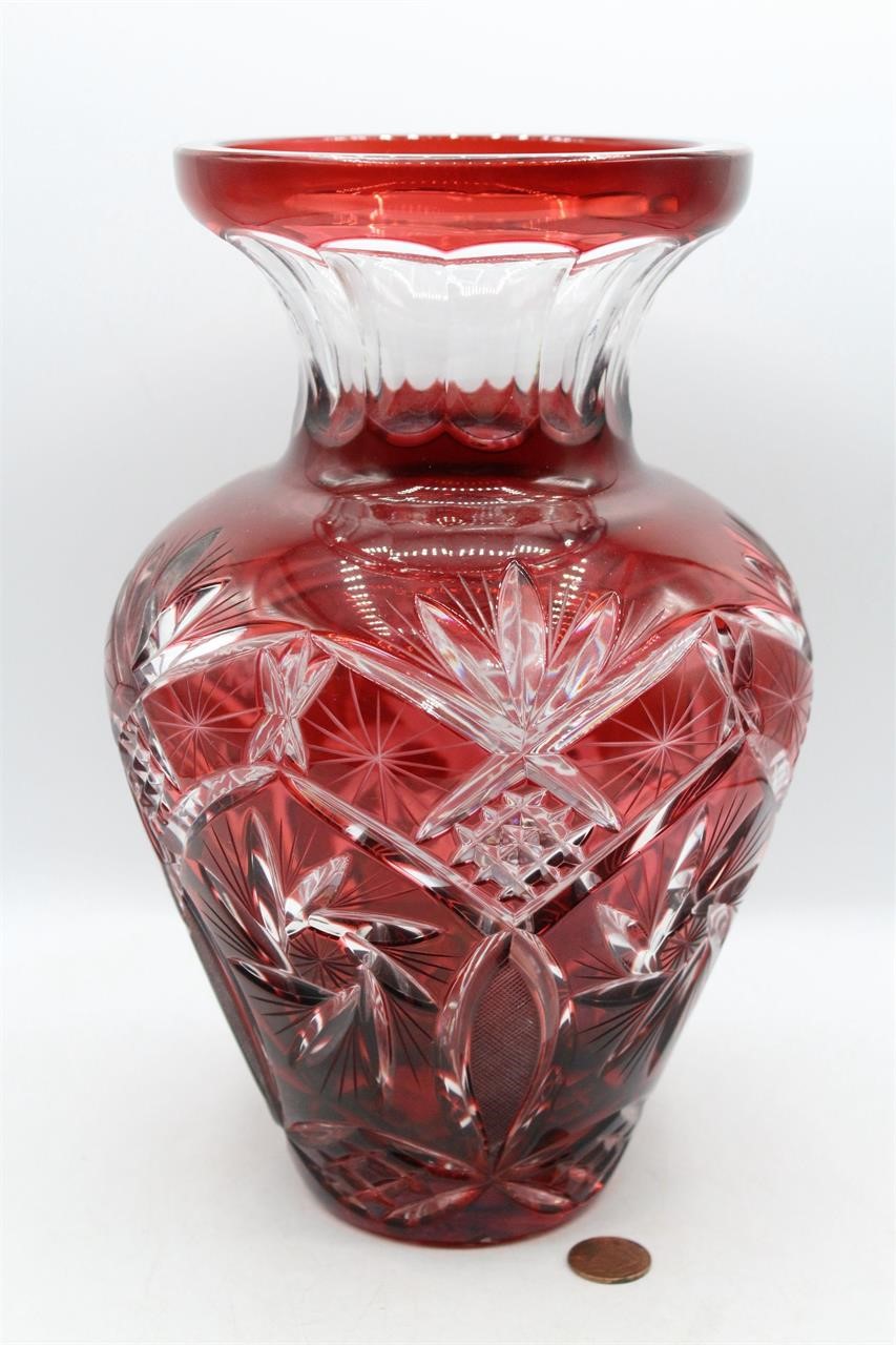 Avitra Ruby Red Cut-to-Clear Glass Crystal Vase